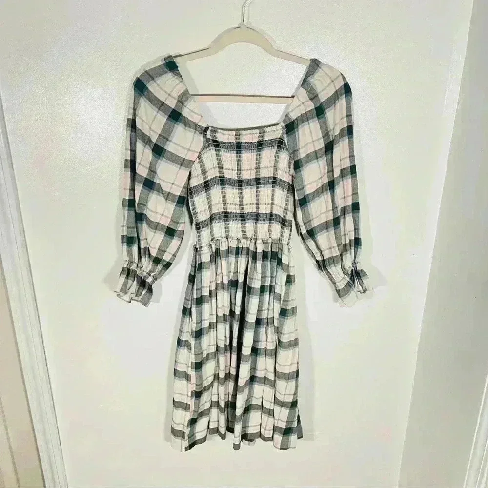 NWT Madewell Lucie Elbow-Sleeve Smocked Mini Dress Plaid